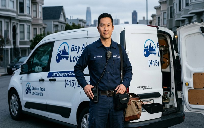 Licensed locksmith technician standing confidently beside service van