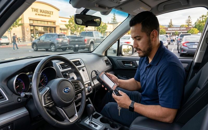 Locksmith with key programmer at a parked car OBD port