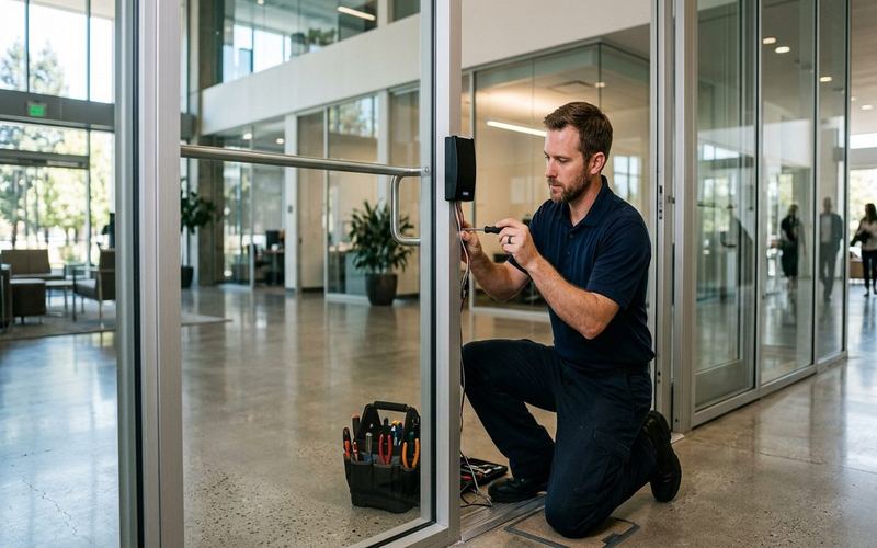 Locksmith servicing an access control panel at a glass office entrance