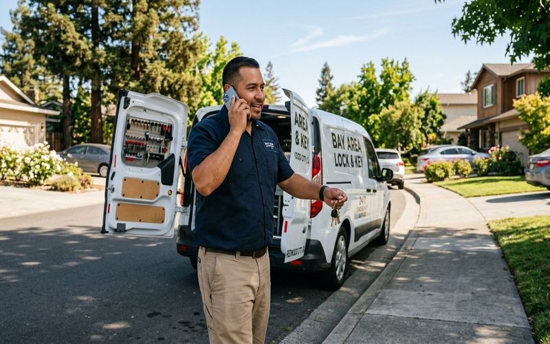 Locksmith installing a smart lock keypad on a residential front door