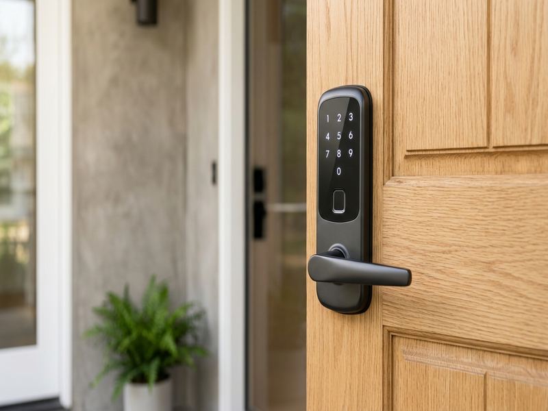 Locksmith handing new house keys to a smiling homeowner at the front door